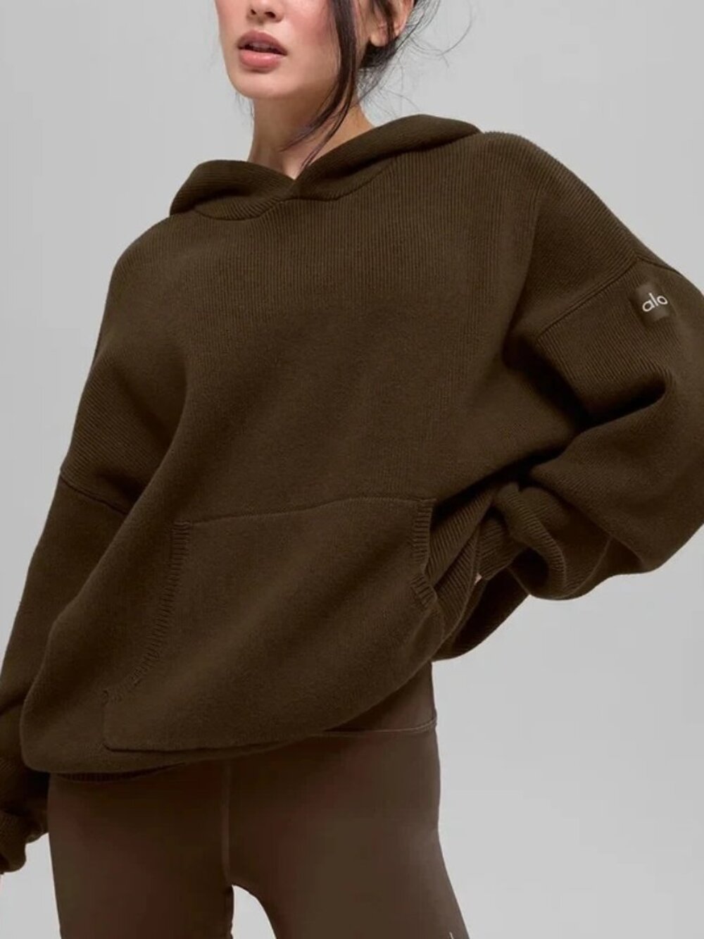 ALO Yoga Brown Thick Ribbed Soft Scholar Hooded Sweater Sweatshirt Small